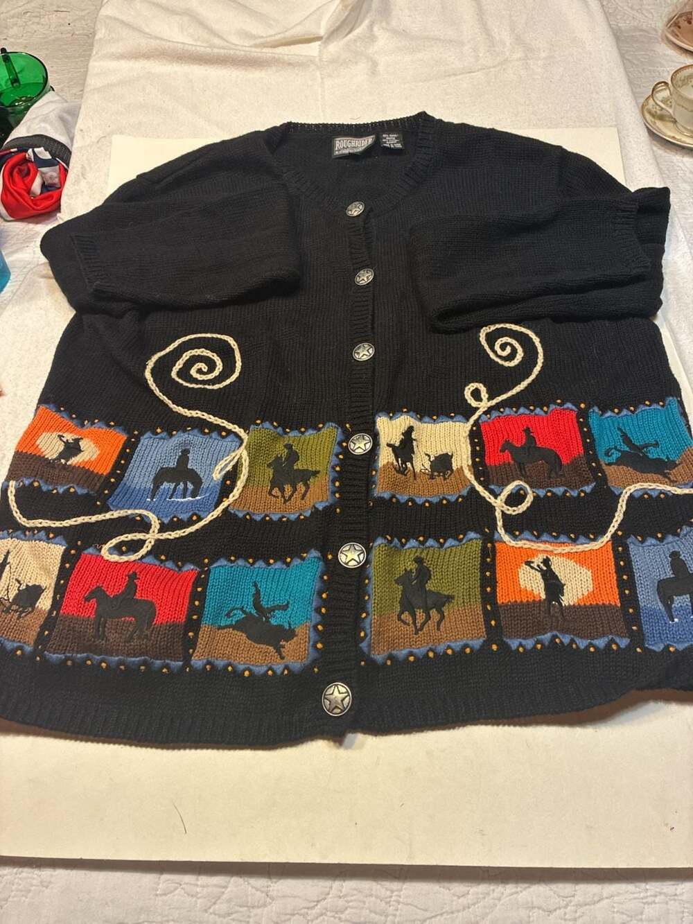 Roughrider by Circle T Vintage Western Rodeo Scene Cardigan Sweater with Star Bu